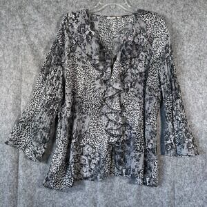 Y2K Ruffle Collar Top Womens Size‎ 22/24 Animal Print Crinkle Bell Sleeve Boho